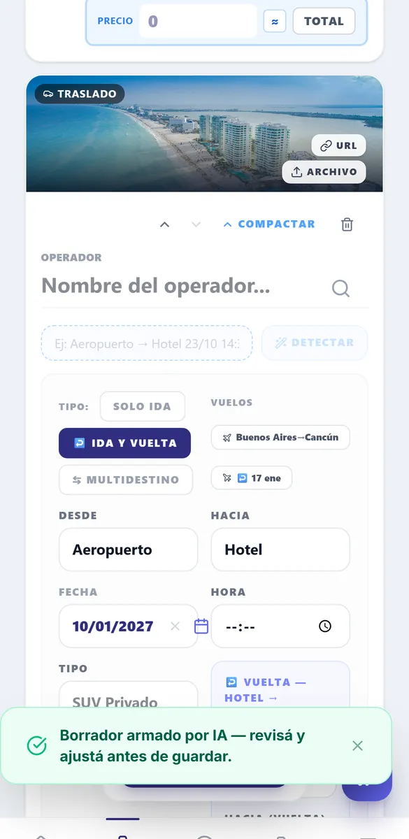 Cotización nueva en Levoron con el borrador armado por la IA y el aviso de revisarlo antes de guardar