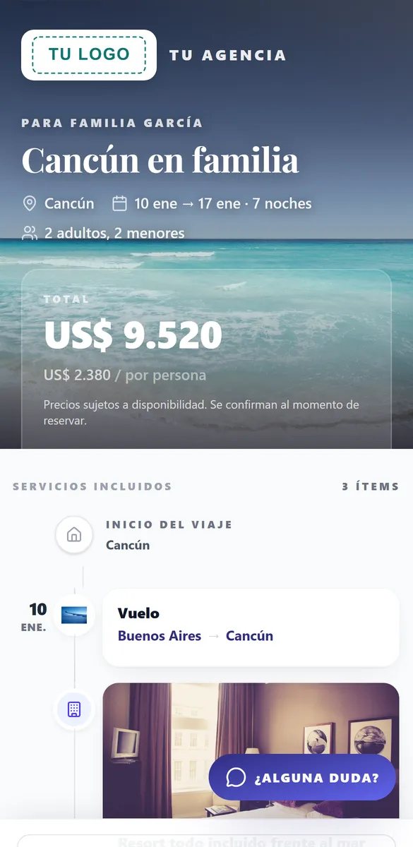 Link de una cotización de Levoron abierto en el celular: destino, fechas, total y servicios incluidos