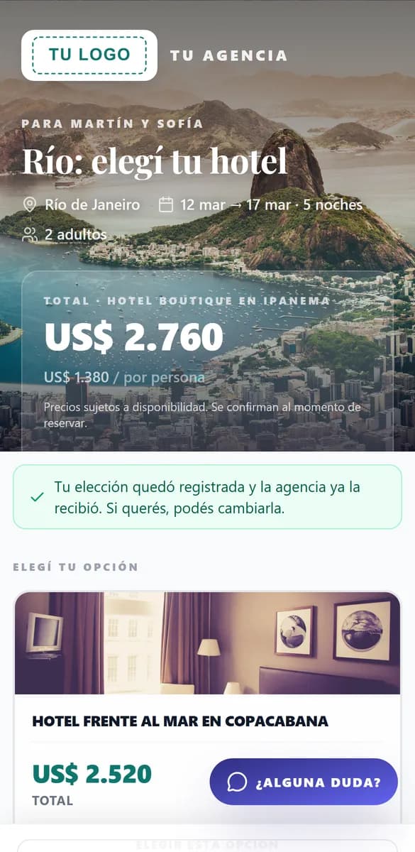 Link con opciones: el cliente eligió otro hotel y el total se actualizó