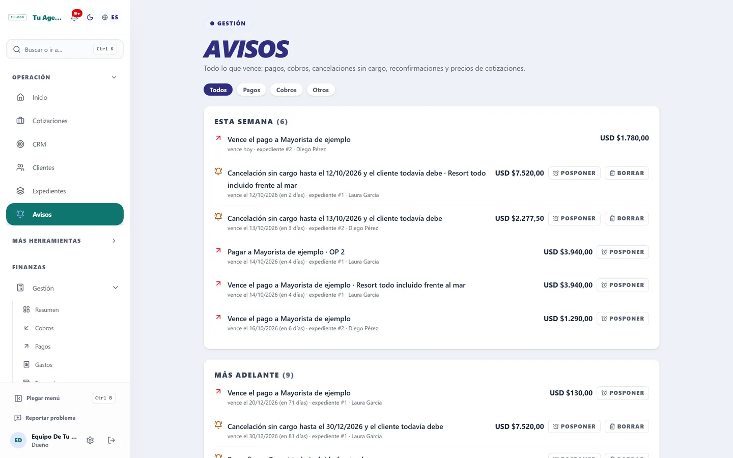 Operación › Avisos: pagos, cobros y cancelaciones sin gastos que vencen esta semana