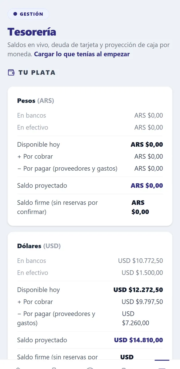 Tesorería de Levoron con las cuentas y los saldos en pesos y en dólares