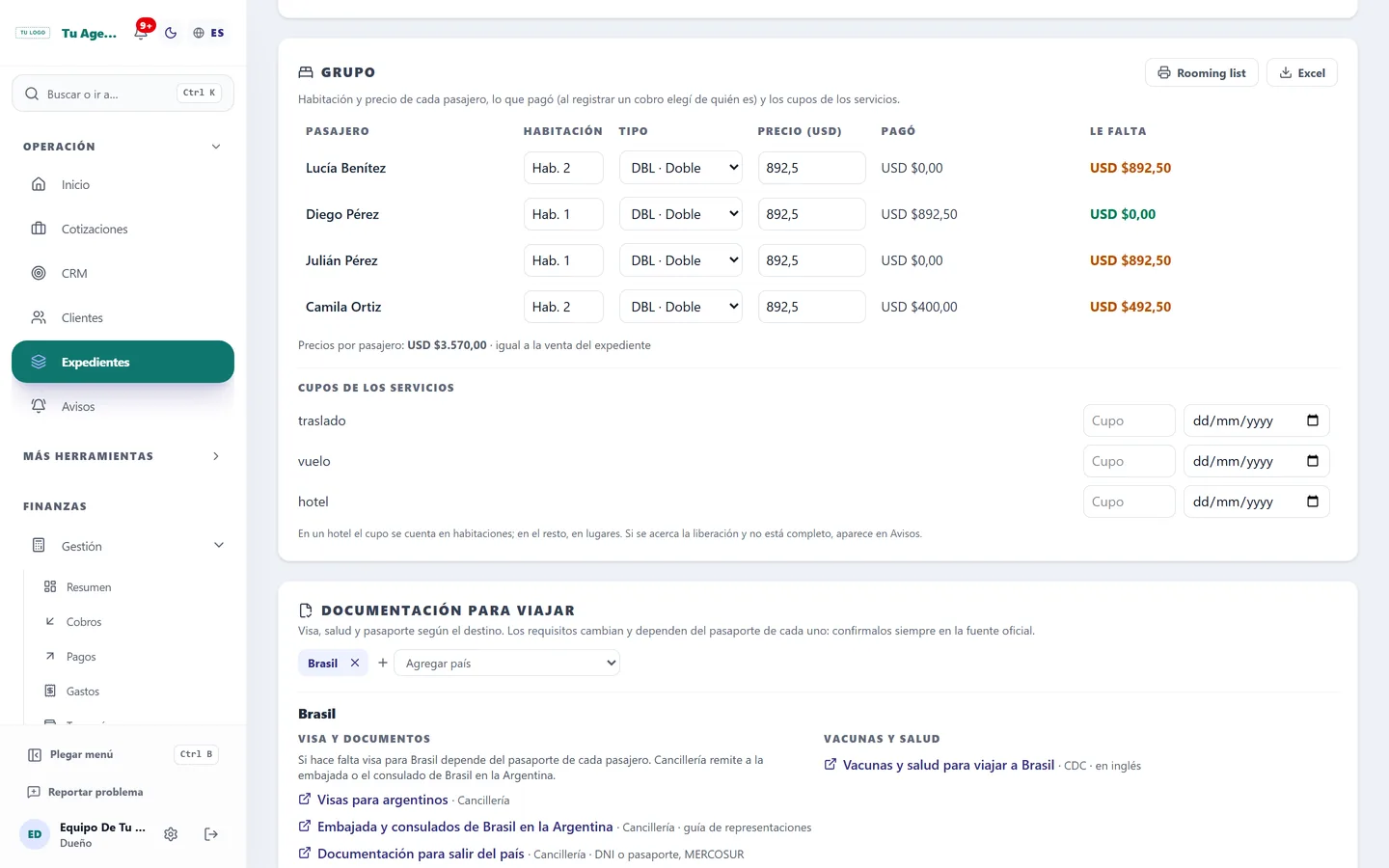 Grupo en un expediente de Levoron: pasajeros, habitación, tipo, precio, pagado y saldo