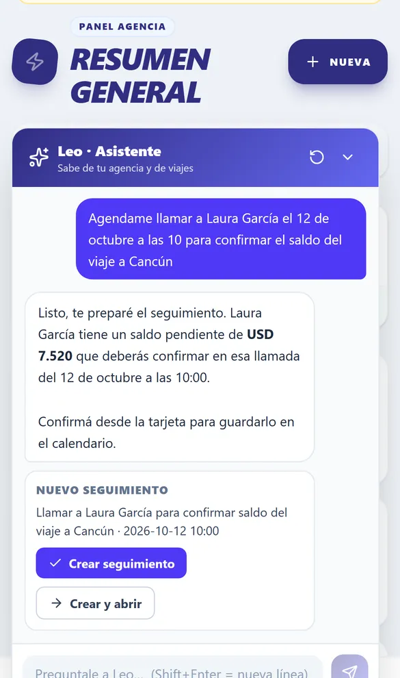 Leo propone un seguimiento para llamar a una clienta y espera la confirmación